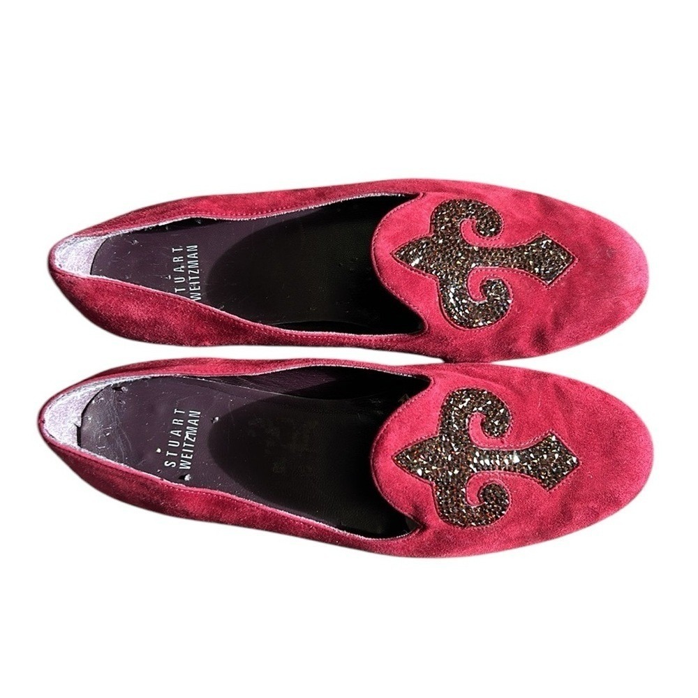 Stuart Weitzman Scarlet‎ Red Suede Lys Embellished Smoking Loafers Shoes 7